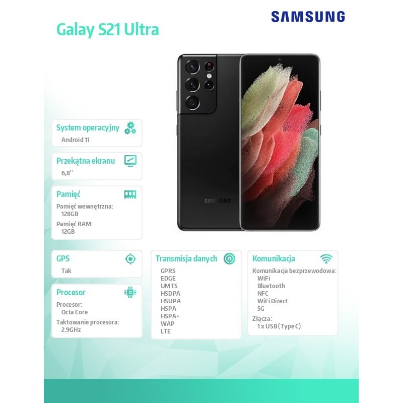 Samsung Smartfon Galaxy S21 5G ULTRA 12|128GB Czarny Enterprise Edition, następca modelu SMG998BZKDEUE Samsung Smartfon Galaxy S21 5G ULTRA 12|128GB Czarny Enterprise Edition, następca modelu SMG998BZKDEUE