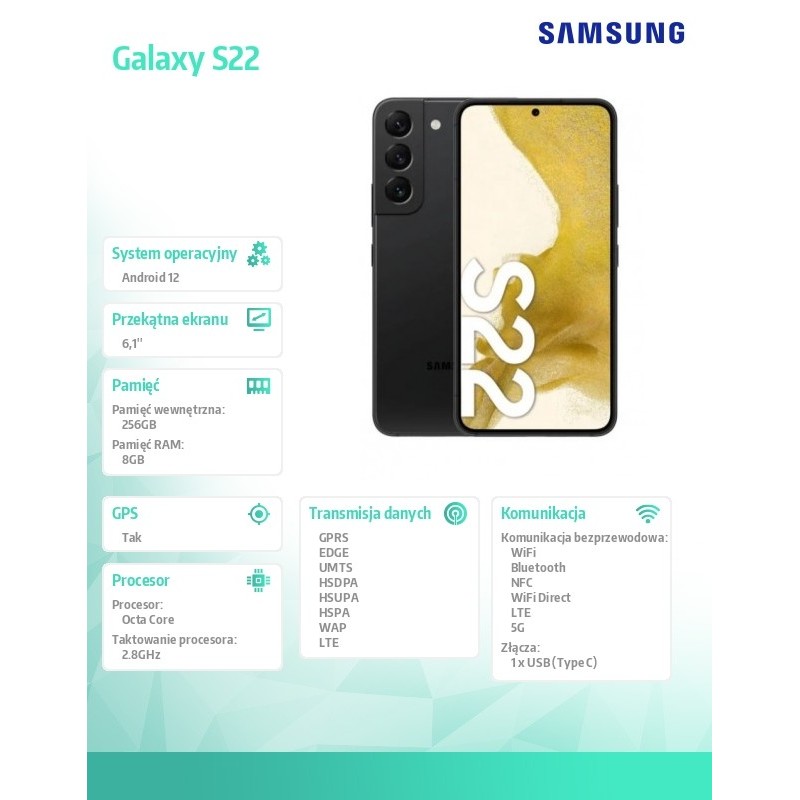Samsung Smartfon Galaxy S22 DS 5G 8|256GB Czarny Samsung Smartfon Galaxy S22 DS 5G 8|256GB Czarny